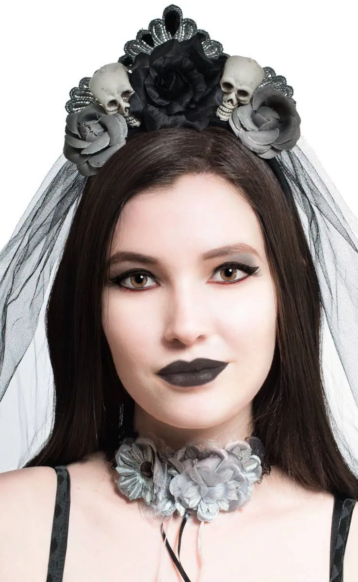 Gothic Silver Fabric Floral Bride Halloween Choker