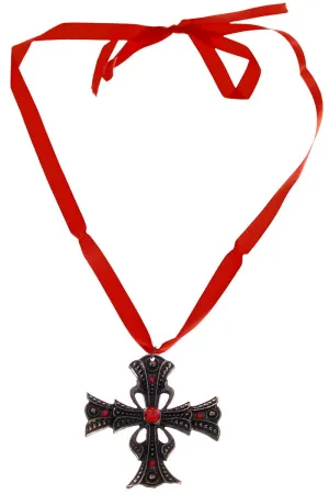 Gothic Vampire Cross Necklace with Red Jewels