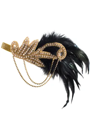 Great Gatsby Gold Rhinestone Headband with Black Feathers