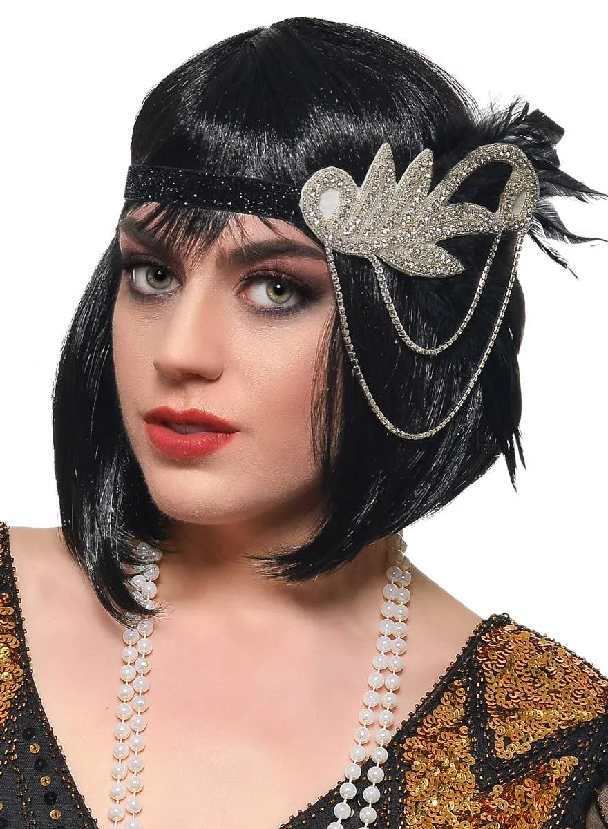 Great Gatsby Silver Rhinestone Headband with Black Feathers