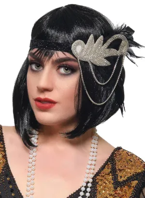 Great Gatsby Silver Rhinestone Headband with Black Feathers