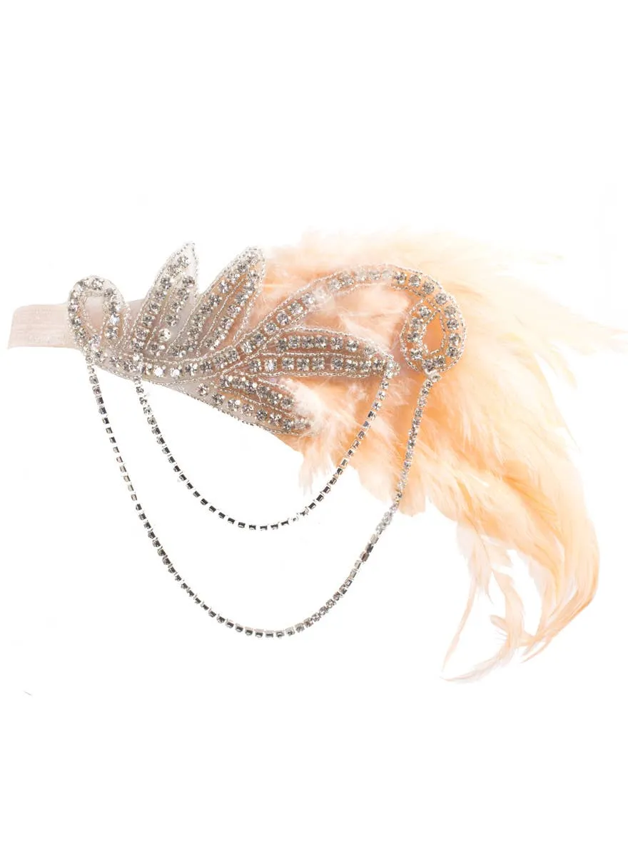 Great Gatsby Silver Rhinestone Headband with Peach Feathers