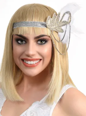 Great Gatsby Silver Rhinestone Headband with White Feathers