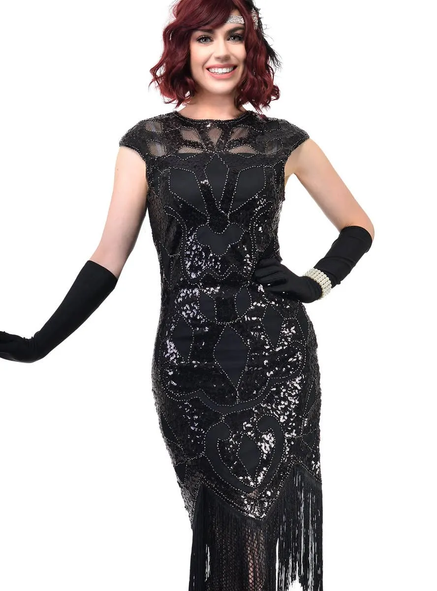 Great Gatsby Womens Black Sequinned Cap Sleeve Flapper Dress Costume