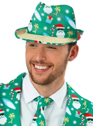 Green Australian Christmas Print and Woven Straw Trilby Hat