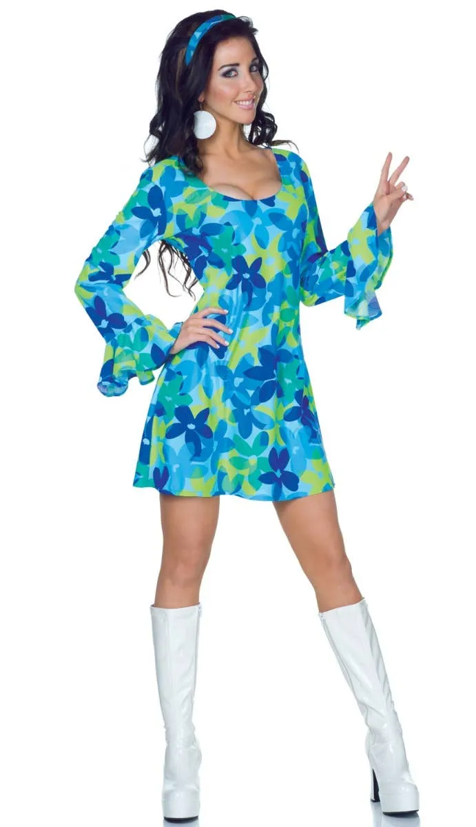 Groovy Flower Power Womens Blue Go Go 1960s Costume
