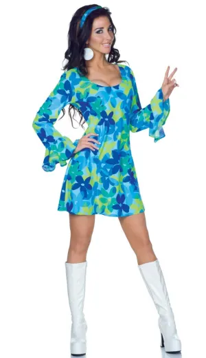 Groovy Flower Power Womens Blue Go Go 1960s Costume