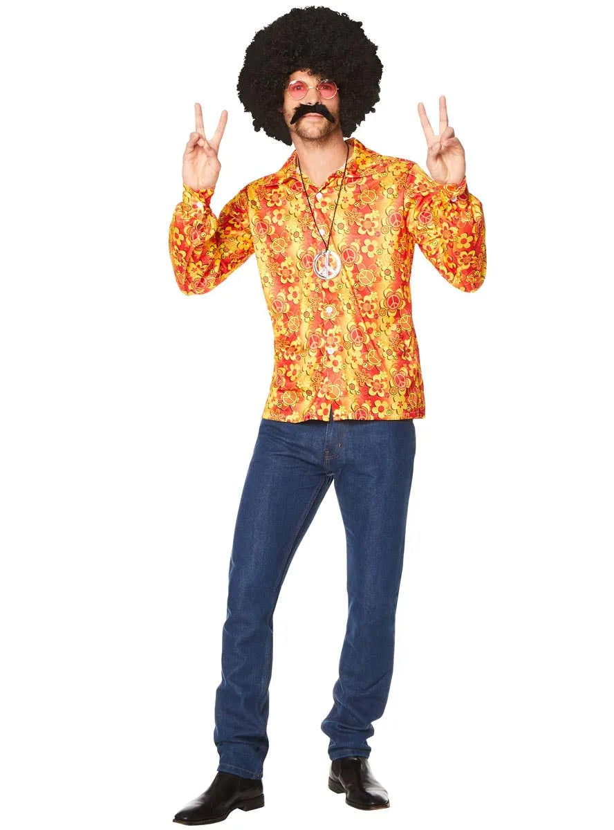 Groovy Hippie Mens Orange 1970s Costume Shirt