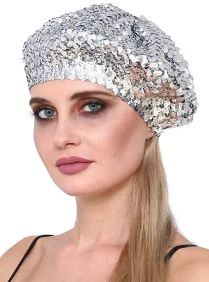 Groovy Silver Sequinned Disco Beret Costume Hat