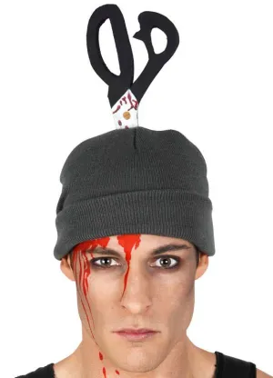 Gruesome Grey Halloween Beanie with Scissors