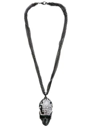 Gun Metal Black Rhinestone Skull Necklace