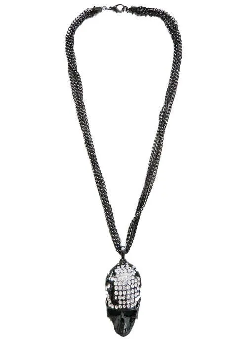 Gun Metal Black Rhinestone Skull Necklace