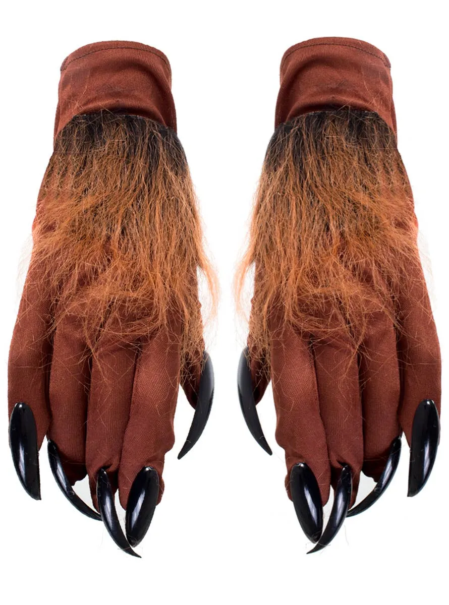Hairy Brown Werewolf Costume Gloves with Claws