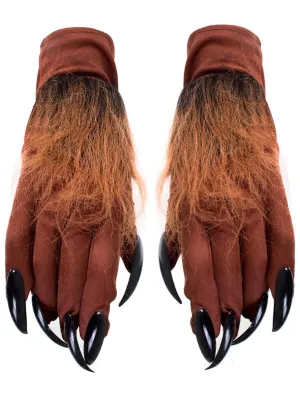 Hairy Brown Werewolf Costume Gloves with Claws