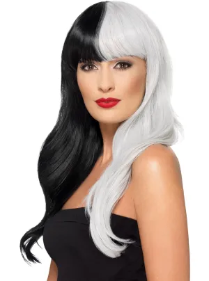 Half And Half Womens Long Black And White Costume Wig