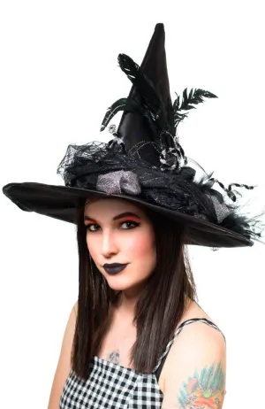 Halloween Womens Extravagant Black And Silver Witch Hat With Veil