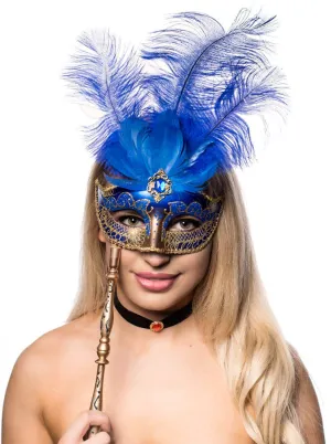 Hand-held Elegant Blue Feather Venetian Masquerade Mask