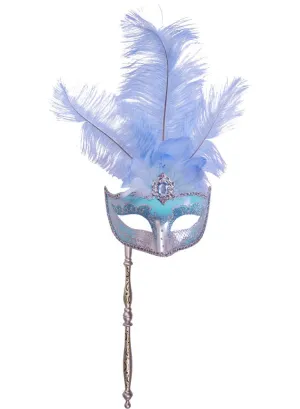 Hand-held Venetian Feather Light Blue Masquerade Mask