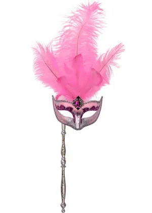 Hand-held Venetian Feather Pink Masquerade Mask