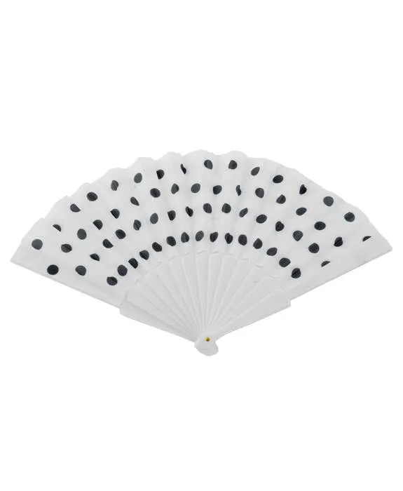 Hand Held White Costume Fan with Black Polka Dots