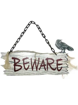 Hanging Beware Sign with Crow Halloween Decoration