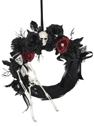 Hanging Black and Red Flower Halloween Wreath with Skeletons
