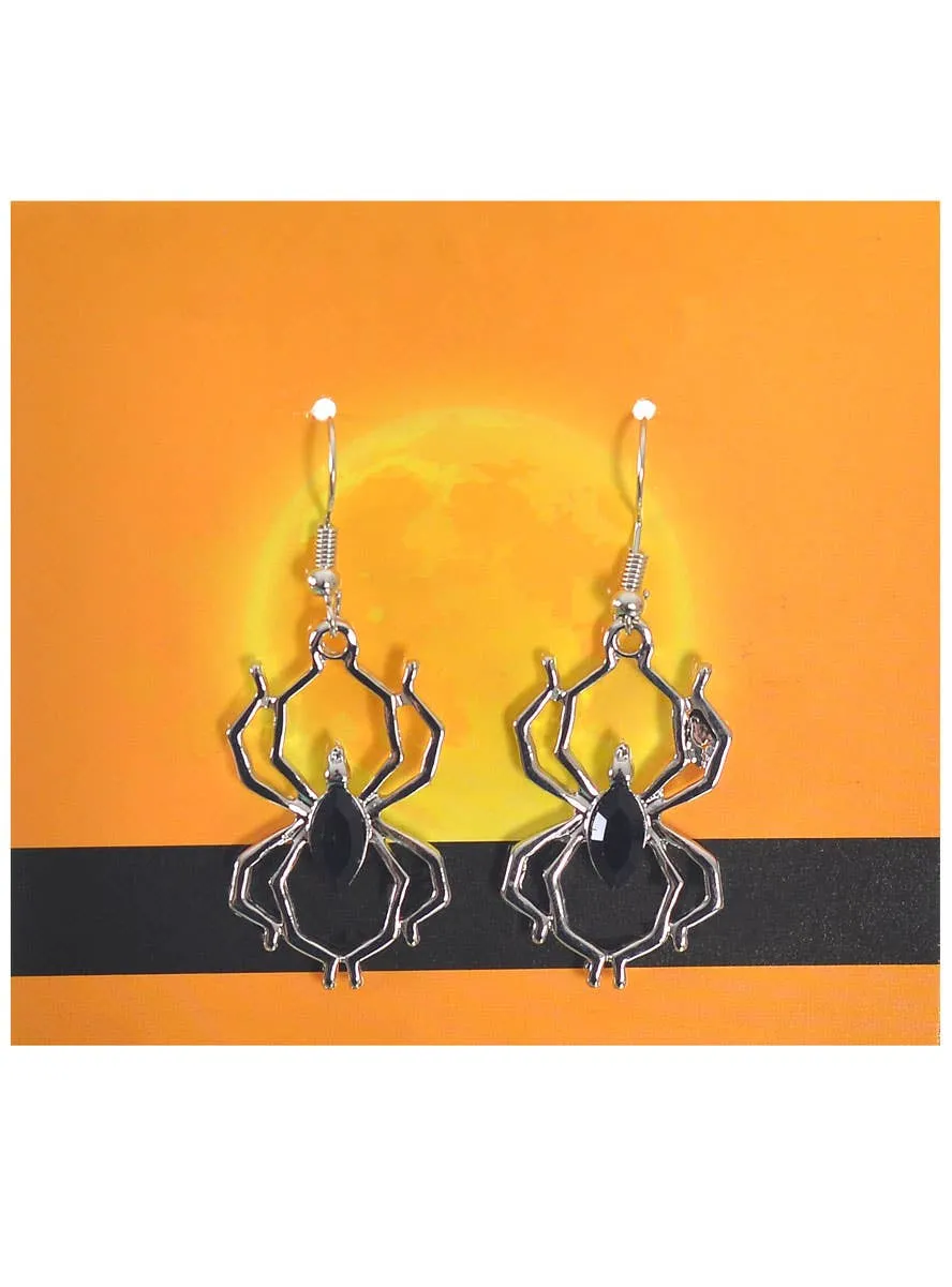 Hanging Silver Metal Spiders Halloween Costume Earrings