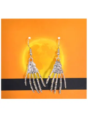 Hanging Silver Skeleton Hands Halloween Costume Earrings