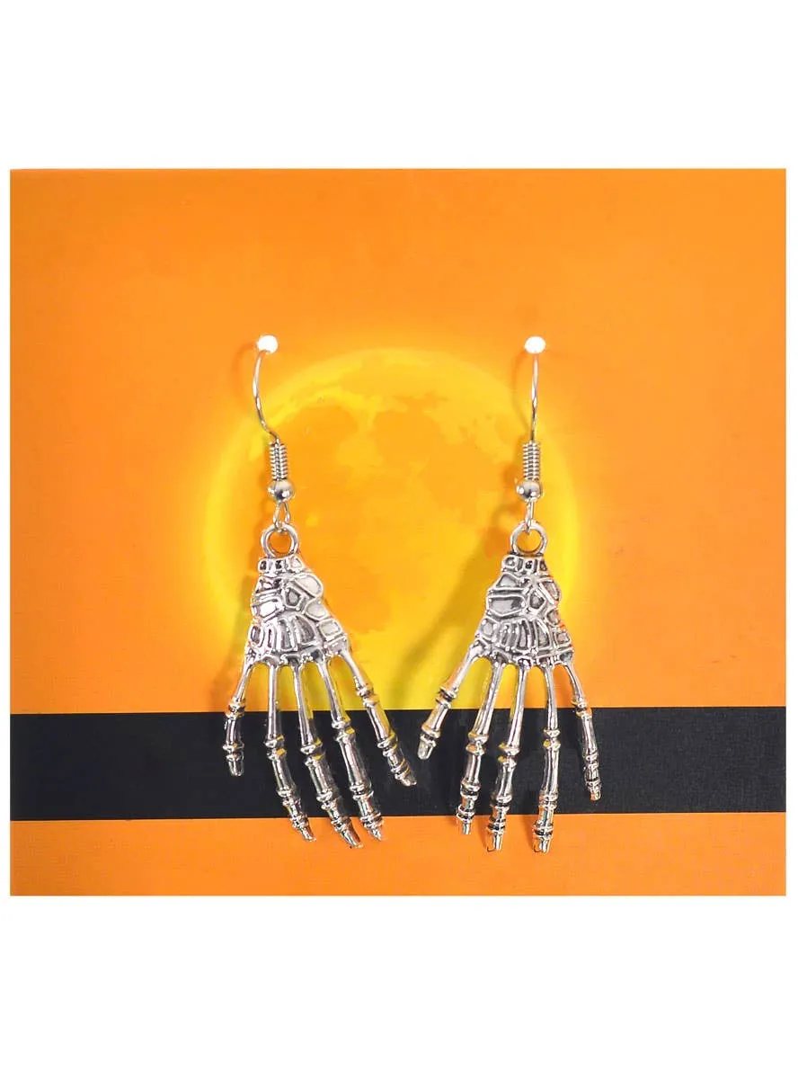 Hanging Silver Skeleton Hands Halloween Costume Earrings