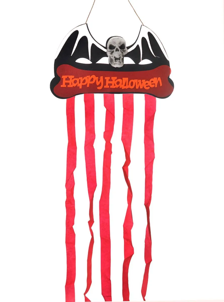 Happy Halloween Red Hanging Skull and Bat Decoration