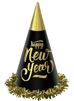 Happy New Year 4 Pack Of Black And Gold Party Hats
