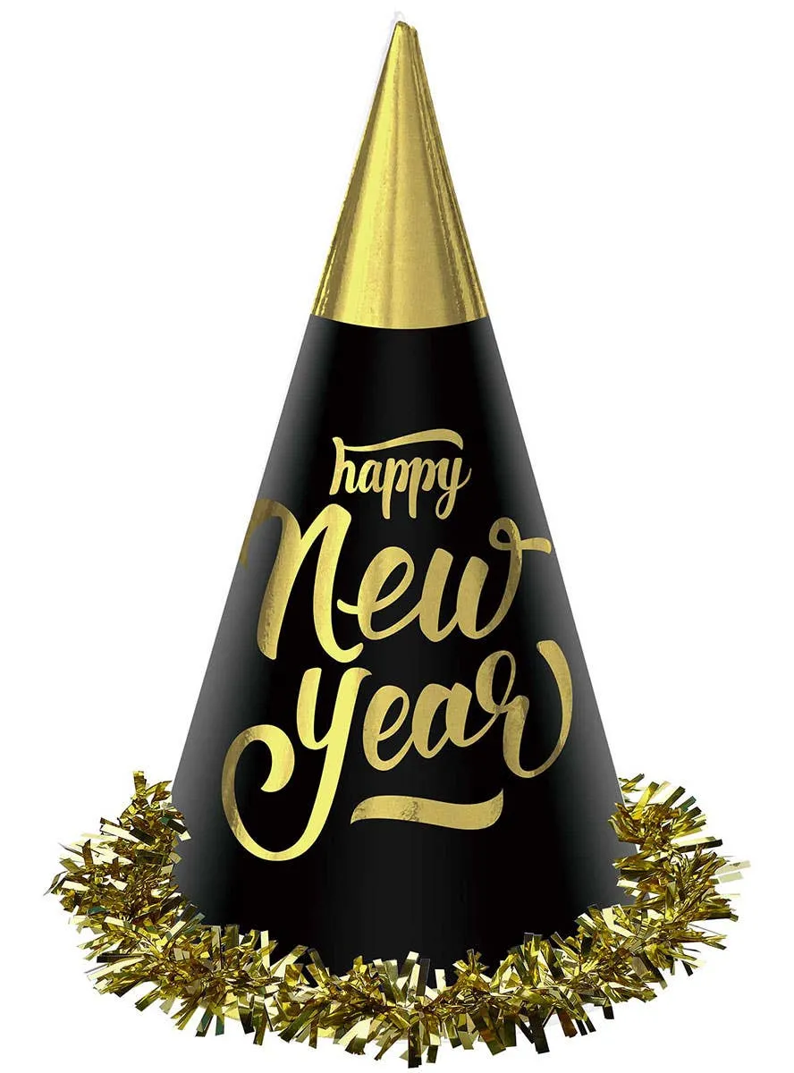 Happy New Year 4 Pack Of Black And Gold Party Hats
