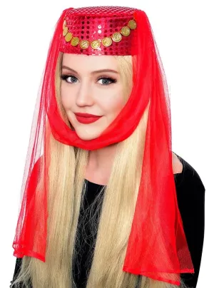 Harem Womens Red Pill Box Veiled Costume Hat