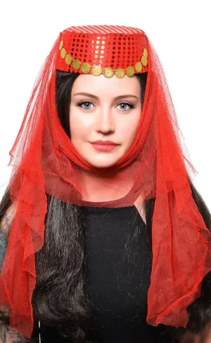 Harem Womens Red Veiled Costume Hat