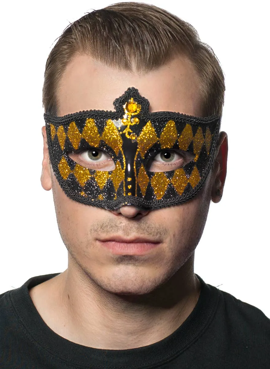 Harlequin Black and Gold Glitter Venetian Masquerade Mask