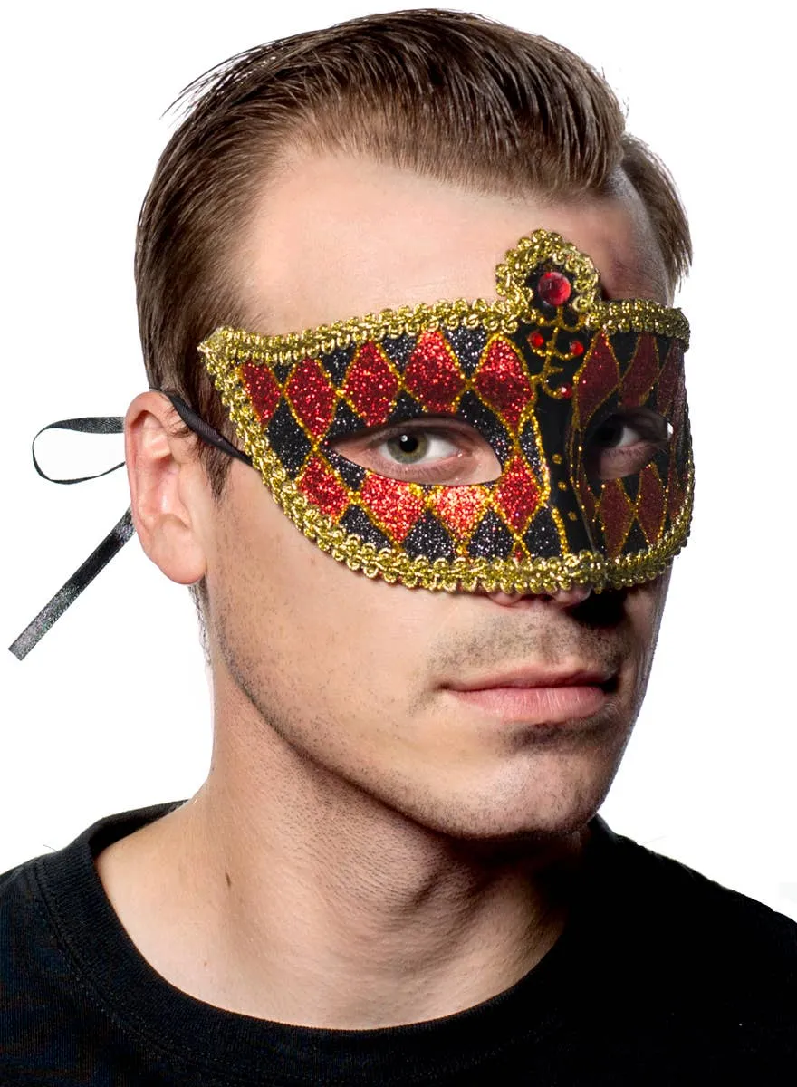 Harlequin Black and Red Glitter Venetian Masquerade Mask