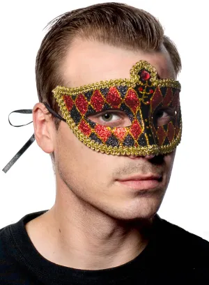 Harlequin Black and Red Glitter Venetian Masquerade Mask