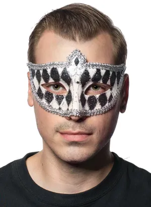 Harlequin Black and White Glitter Venetian Masquerade Mask