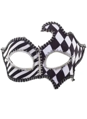 Harlequin Black and White Masquerade Mask on Glasses Arms