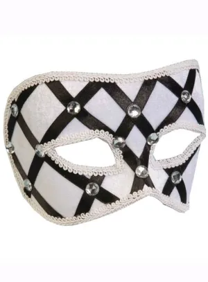 Harlequin Black and White Masquerade Mask on Headband