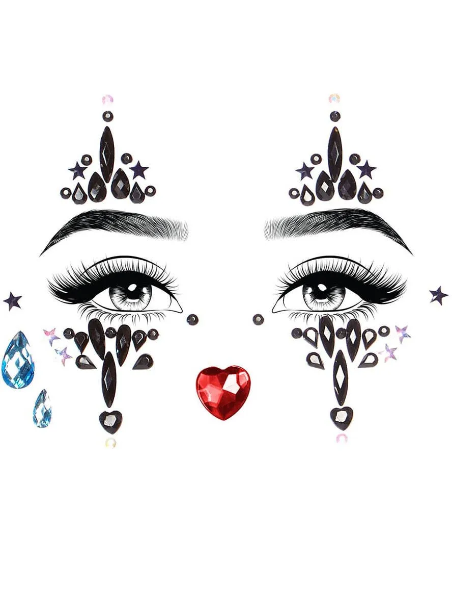 Harlequin Clown Black and Multicoloured Stick On Face Jewels