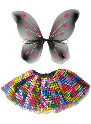 Harlequin Fairy Girls Tutu and Wings Set
