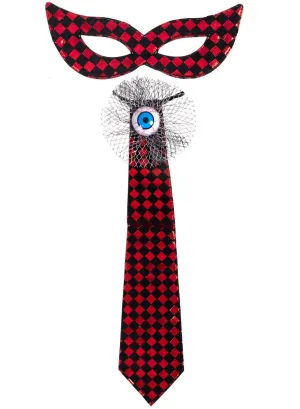 Harlequin Red Check Tie and Mask Set with Eyeball