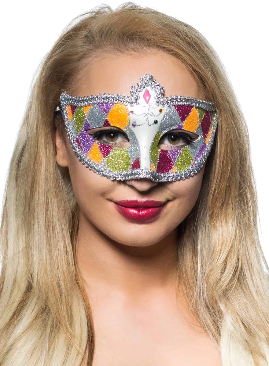 Harlequin Silver Braid and Glitter Venetian Masquerade Mask