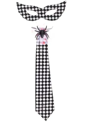 Harlequin Silver Check Tie and Mask Set with Spider