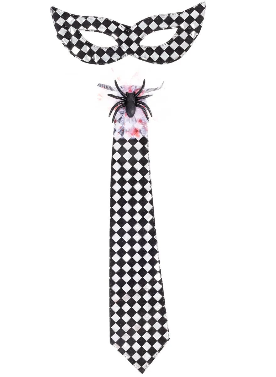 Harlequin Silver Check Tie and Mask Set with Spider