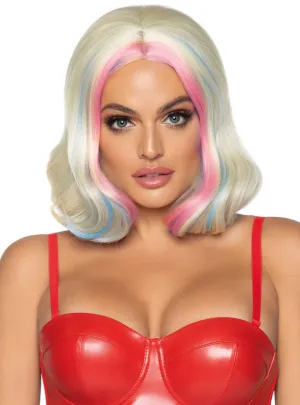 Harlequin Womens Short Blonde Costume Wig with Streaks