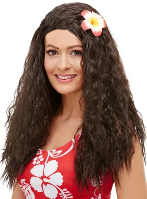 Hawaiian Flower Womens Curly Brown Costume Wig