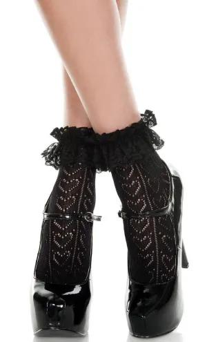 Heart Net Womens Black Ankle Stockings With Ruffle Trim