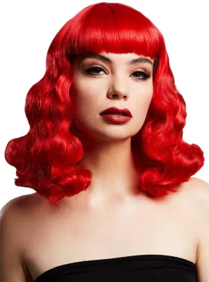 Heat Resistant Short Bright Red Bettie Womens Costume Wig with Fringe